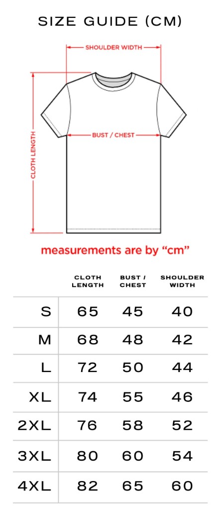 Regular size guide in centimeters for sizes S to 4XL